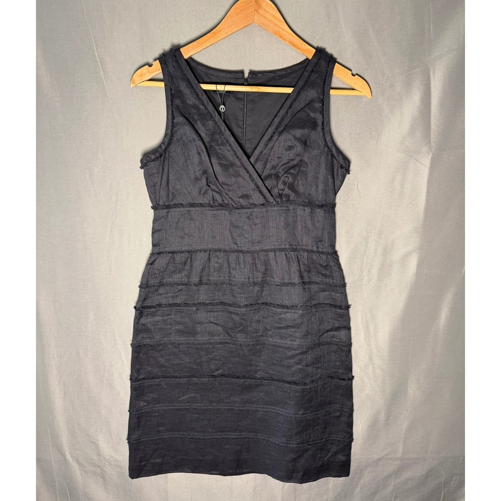 Talbots Petites Black Linen Sleeveless Tiered Fringe V-Neck Dress 4P NWT Classic